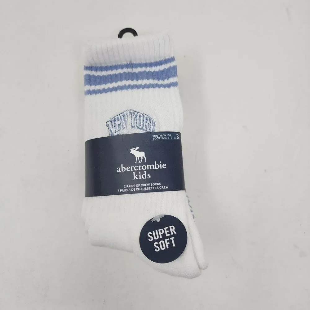 Abercrombie Kids Socks Youth XS White Striped City Crew 3 Pack Super Soft